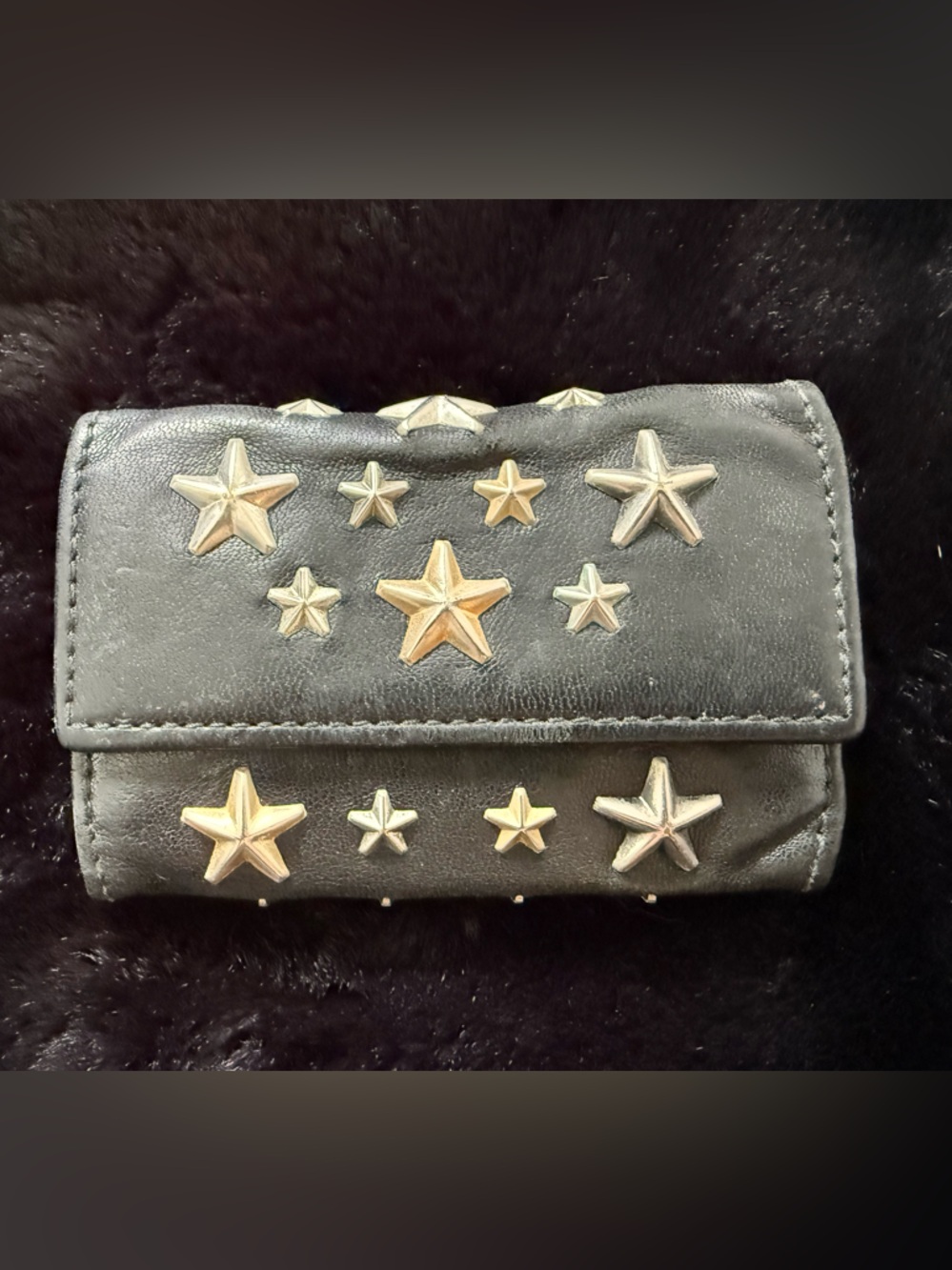 Jimmy Choo Black Leather Key Holder with Gold Star Hardware